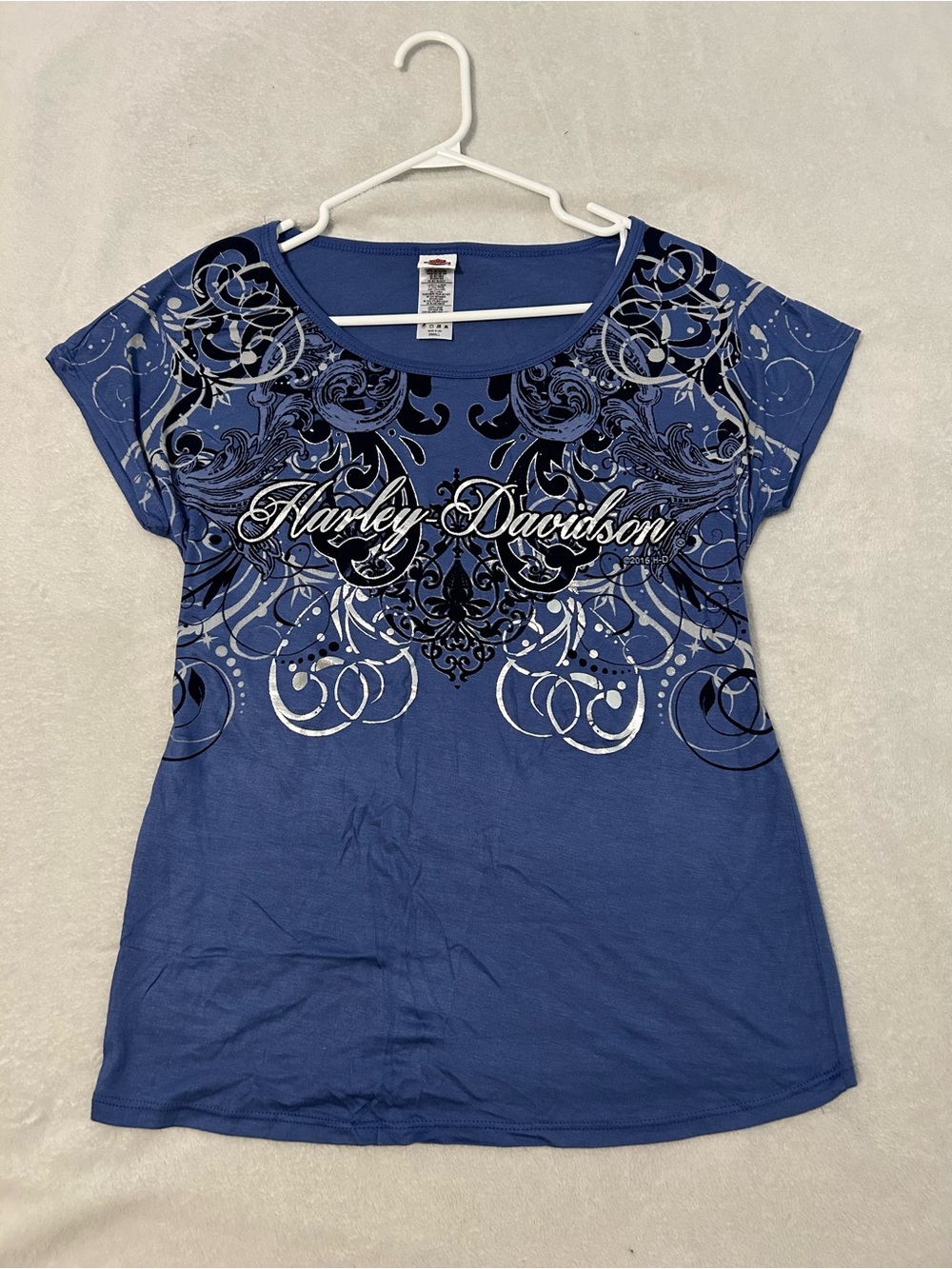 Y2K Grunge - Harley-Davidson Blue Tee (Stretches to Large)